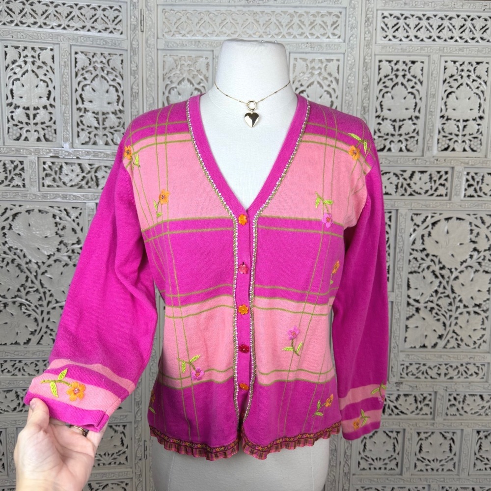 Vintage Pink Floral Button Up Cardigan Sz Medium Colorblock‎ Coquette Cottage